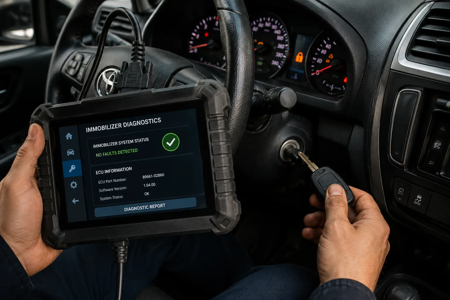 An image of a technician reading inmobilizer diagnostics.